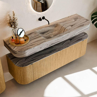 MONDIAZ THOR-DLUX 160cm meuble de salle de bains arrondi gauche + droite couleur Oak avec 1 tiroir et 2 portes. Vasque suspendue CLOUD Centre sans trou de robinet couleur Sombra.