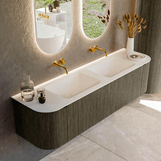 Mondiaz KURVE Ensemble de meuble salle de bain - 170x46x40cm - 1 tiroir - 2 portes - lavabo en solid surface - double - sans trou de robinet - Shadow