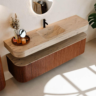 MONDIAZ THOR-DLUX Meuble de salle de bains - 170cm - arrondi gauche + droite - couleur Ruby - 1 tiroir et 2 portes - Vasque suspendue CLOUD Milieu 1 trou de robinet couleur Arena