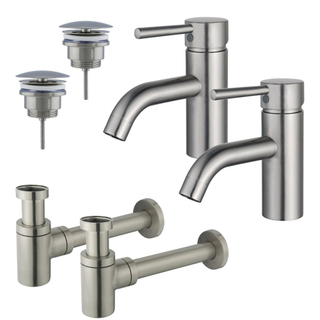 Fortifura Calvi Kit robinet lavabo - pour double vasque - robinet bas - bonde non-obturable - siphon design bas - Inox brossé PVD