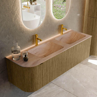 MONDIAZ KURVE-DLUX 145cm badmeubel ronding Links kleur Dusk met 1 lade en 1 deur. Wastafel LEAF Dubbel / Rechts 2 kraangaten Saba.