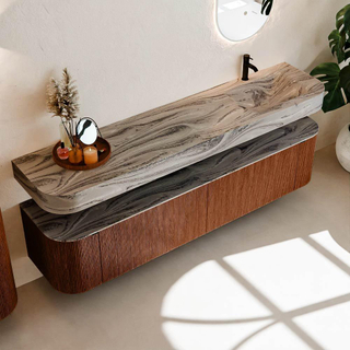 MONDIAZ THOR-DLUX Meuble de salle de bains - 200cm - arrondi gauche + droite - couleur Ruby - 2 tiroirs et 2 portes - Vasque suspendue CLOUD Droite 1 trou de robinet - couleur Sombra