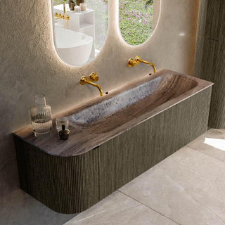 MONDIAZ KURVE-DLUX 145cm badmeubel ronding Links kleur Shadow met 1 lade en 1 deur. Wastafel BIG LARGE Rechts zonder kraangat Oza.