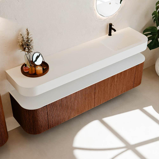 MONDIAZ THOR 190cm meuble de salle de bains arrondi gauche + droite couleur Ruby avec 2 tiroirs et 2 portes. Vasque suspendue CLOUD Droite 1 trou de robinet couleur Talc.