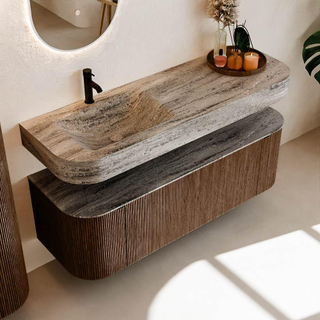 MONDIAZ THOR-DLUX 140cm badmeubel ronding links + rechts kleur Walnut met 1 lade en 2 deuren. Vrijhangende wastafel CLOUD Links 1 kraangat kleur Oza.