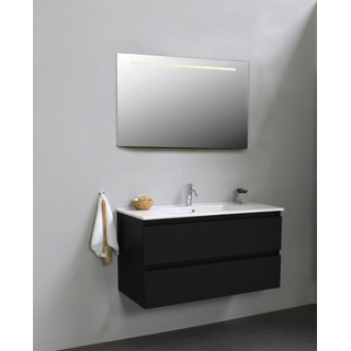 Basic Bella Meuble lavabo céramique avec 1 trou de robinet avec miroir avec éclairage 100x55x46cm Flat Pack Noir mat