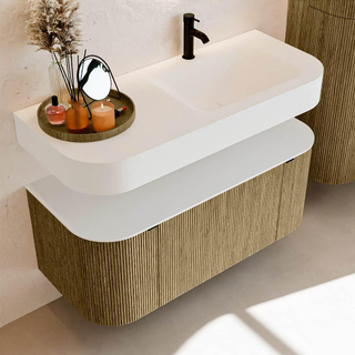 MONDIAZ THOR 110cm meuble de salle de bains arrondi gauche + droite couleur Dusk avec 1 tiroir et 2 portes. Vasque suspendue CLOUD droite 1 trou de robinet couleur Talc.