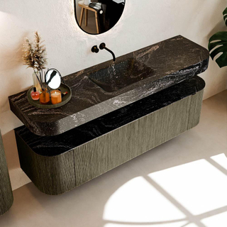 MONDIAZ THOR-DLUX 170cm meuble de salle de bains arrondi gauche + droite couleur Shadow avec 1 tiroir et 2 portes. Vasque suspendue CLOUD Milieu sans trou de robinet couleur Lava.