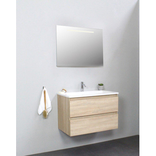 Basic Bella Meuble lavabo acrylique avec 1 trou de robinet avec miroir avec éclairage 80x55x46cm Flat Pack Chêne