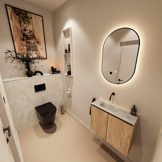MONDIAZ TURE-DLUX Meuble toilette - 60cm - Washed Oak - EDEN - vasque Ostra - position gauche - sans trou de robinet
