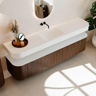 MONDIAZ THOR 200cm meuble de salle de bains arrondi gauche + droite couleur Walnut avec 2 tiroirs et 2 portes. Vasque suspendue CLOUD Milieu sans trou de robinet couleur Talc.