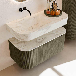 MONDIAZ THOR-DLUX 100cm meuble de salle de bains arrondi gauche + droite couleur Shadow avec 1 tiroir et 2 portes. Vasque suspendue CLOUD Gauche sans trou de robinet couleur Ostra.