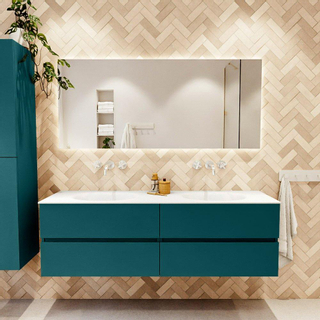 Mondiaz Vica ensemble de meuble de salle de bain - 160cm - meuble sous lavabo smag - 4 tiroirs - lavabo moon double - sans trous de robinet - couleur talc - miroir LED - version XL 60cm de haut