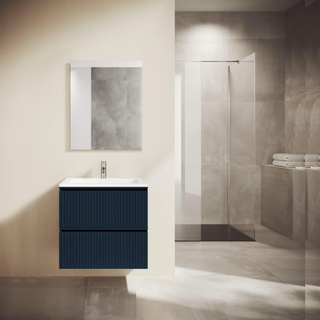 Adema Prime Blend Ensemble de meuble - 60x55x46cm - 1 vasque rectangulaire en céramique Blanc - 1 trou de robinet - 2 tiroirs - avec miroir rectangulaire - Navy Blue