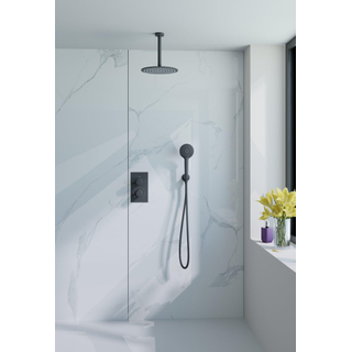 Fortifura Calvi Ensemble de douche pluie encastrable - thermostatique - bras plafond - pommeau 25cm - douchette ronde - flexible lisse - Noir mat