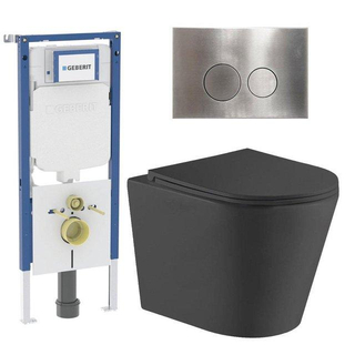 QeramiQ Dely Toiletset - 36.3x51.7cm - diepspoel - rimless - Geberit UP720 inbouwreservoir - softclose toiletzitting - steel bedieningsplaat - ronde knoppen - zwart mat