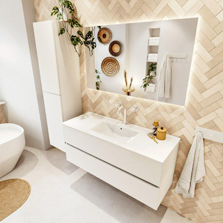 MONDIAZ VICA meuble sous lavabo 120cm Talc 2 tiroirs. Lavabo DENIA centre 1 trou de robinet, couleur Blanc Brillant.