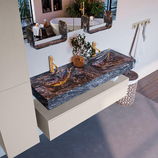 Mondiaz ALAN-DLUX Ensemble de meuble - 130cm - meuble Linen mat - 1 tiroir - Lavabo Cloud Lava suspendu - vasque Gauche et droite - 2 trous de robinet