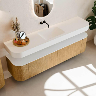 MONDIAZ THOR Meuble de salle de bains - 190cm - arrondi gauche + droite - couleur Oak - 2 tiroirs et 2 portes - Vasque suspendue CLOUD Milieu sans trou de robinet - couleur Talc