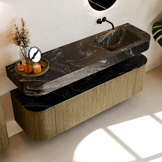 MONDIAZ THOR-DLUX 160cm meuble de salle de bains arrondi gauche + droite couleur Dusk avec 1 tiroir et 2 portes. Vasque suspendue CLOUD droite sans trou de robinet couleur Lava.