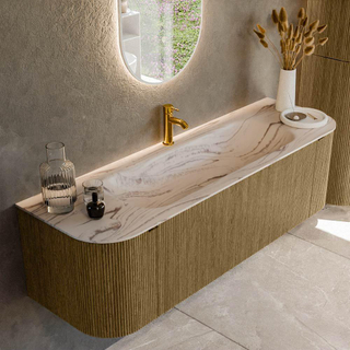 MONDIAZ KURVE-DLUX 150cm badmeubel ronding Links + Rechts kleur Dusk met 1 lade en 2 deuren. Wastafel BIG MEDIUM Midden 1 kraangat Nata.