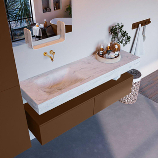 Mondiaz ALAN-DLUX Ensemble de meuble - 150cm - meuble Rust mat - 2 tiroirs - Lavabo Cloud Opalo suspendu - vasque Gauche - 0 trous de robinet