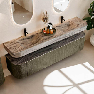 MONDIAZ THOR-DLUX 200cm meuble de salle de bains arrondi gauche + droite couleur Shadow avec 2 tiroirs et 2 portes. Vasque suspendue CLOUD Double 2 trous de robinet couleur Sombra.