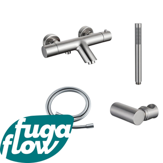 FugaFlow Eccelente Sobrado Robinet de baignoire thermostatique avec douchette stick, support et flexible lisse Inox brossé PVD