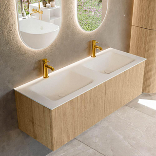 MONDIAZ KURVE 130cm Meuble salle de bain - couleur Oak - 2 tiroirs - vasque CLOUD double - 2 trous de robinet - Talc