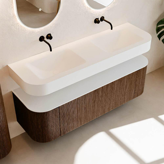 MONDIAZ THOR 150cm meuble de salle de bains arrondi gauche + droite couleur Walnut avec 1 tiroir et 2 portes. Vasque suspendue CLOUD Double sans trou de robinet couleur Talc.