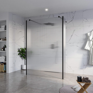 FugaFlow Eccelente Vetro Vrijstaande inloopdouche badkamer - 140x200cm - Helder geribbeld - antikalk - 8mm veiligheidsglas - 2 zijwanden 40cm - met wandarmen en hoekprofielen - Zwart mat -