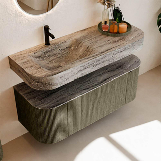 MONDIAZ THOR-DLUX 120cm meuble de salle de bains arrondi gauche + droite couleur Shadow avec 1 tiroir et 2 portes. Vasque suspendue CLOUD Gauche 1 trou de robinet couleur Oza.