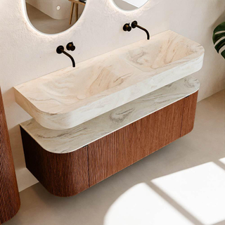 MONDIAZ THOR-DLUX 140cm meuble de salle de bains arrondi gauche + droite couleur Ruby avec 1 tiroir et 2 portes. Vasque suspendue CLOUD Double sans trou de robinet couleur Ostra.