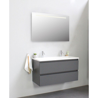 Basic Bella Badkamermeubelset - 100x55x46cm - 1 wasbak - Acryl - Wit - 2 kraangaten - Wandspiegel met verlichting - Spaanplaat Antraciet mat