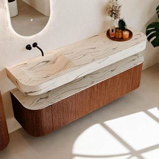 MONDIAZ THOR-DLUX 170cm badmeubel ronding links + rechts kleur Ruby met 1 lade en 2 deuren. Vrijhangende wastafel CLOUD Links zonder kraangat kleur Nata.