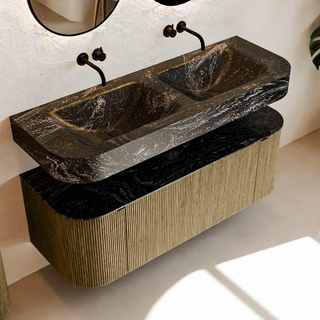 MONDIAZ THOR-DLUX 130cm meuble de salle de bains arrondi gauche + droite couleur Dusk avec 1 tiroir et 2 portes. Vasque suspendue CLOUD Double sans trou de robinet couleur Lava.