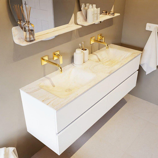 Mondiaz VICA-DLUX ensemble de meuble de salle de bain - 150cm - meuble sous-vasque talc - 4 tiroirs - lavabo encastrée cloud double - sans trous de robinet - version haute de 60cm - ostra