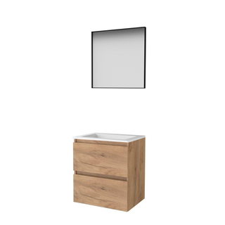Basic-Line ensemble de meubles de salle de bain 60x46cm sans poignée 2 tiroirs vasque acrylique 0 trous de robinetterie miroir cadre aluminium noir mat sur tout le pourtour mfc whisky oak