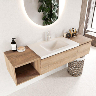 MONDIAZ BUKLA 160cm badmeubel met open module 40 links kleur Washed Oak met 2 lades. Wastafel CLOUD midden 1 kraangat kleur Talc.
