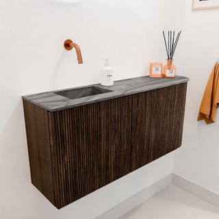 Mondiaz JOYA-DLUX 91.6cm toiletmeubel - ronding rechts kleur Walnut - Wastafel FAYE positie Links Zonder kraangat kleur Sombra.