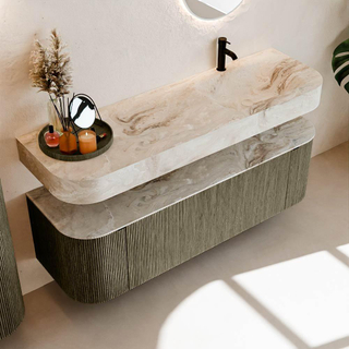 MONDIAZ THOR-DLUX 150cm meuble de salle de bains arrondi gauche + droite couleur Shadow avec 1 tiroir et 2 portes. Vasque suspendue CLOUD Droite 1 trou de robinet couleur Frappe.