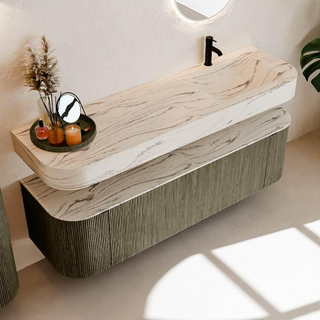 MONDIAZ THOR-DLUX 160cm meuble de salle de bains arrondi gauche + droite couleur Shadow avec 1 tiroir et 2 portes. Vasque suspendue CLOUD Droite 1 trou de robinet couleur Nata.