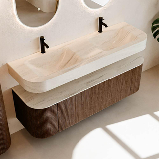 MONDIAZ THOR-DLUX 150cm meuble de salle de bains arrondi gauche + droite couleur Walnut avec 1 tiroir et 2 portes. Vasque suspendue CLOUD Double 2 trous de robinet couleur Meli.