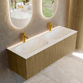 Mondiaz KURVE-DLUX Ensemble de meuble salle de bain - 140x46x40cm - 2 tiroirs - lavabo en solid surface - double - 2 trous de robinet - Dusk
