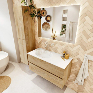 MONDIAZ VICA 100cm badmeubel onderkast Washed Oak 2 lades. Wastafel MOON links 1 kraangat, kleur Talc.