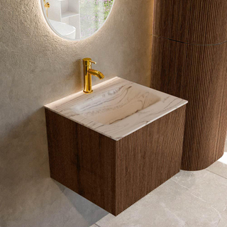 MONDIAZ KURVE-DLUX 50cm badmeubel kleur Walnut met 1 lade en 0 deuren. Wastafel GRUNNE Midden 1 kraangat Nata.