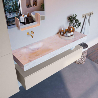 Mondiaz ALAN-DLUX Ensemble de meuble - 150cm - meuble Linen mat - 1 tiroir - Lavabo Cloud Ostra suspendu - vasque Gauche - 0 trous de robinet