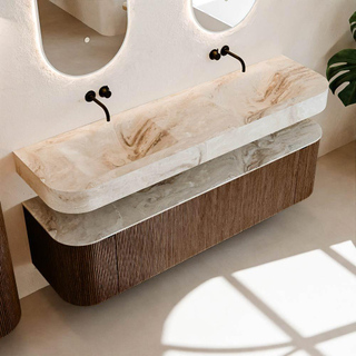 MONDIAZ THOR-DLUX 170cm meuble de salle de bains arrondi gauche + droite couleur Walnut avec 1 tiroir et 2 portes. Vasque suspendue CLOUD Double sans trou de robinet couleur Frappe.