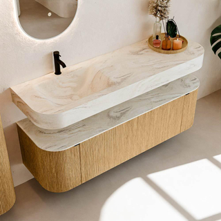 MONDIAZ THOR-DLUX 150cm meuble de salle de bains arrondi gauche + droite couleur Oak avec 1 tiroir et 2 portes. Vasque suspendue CLOUD Gauche 1 trou de robinet couleur Ostra.