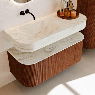 MONDIAZ THOR-DLUX 110cm meuble de salle de bains arrondi gauche + droite couleur Ruby avec 1 tiroir et 2 portes. Vasque suspendue CLOUD Gauche sans trou de robinet couleur Ostra.